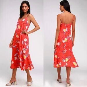 NEW Lulu's Midi Dress Womens Small Quinlynn Coral Red Floral Print Summer